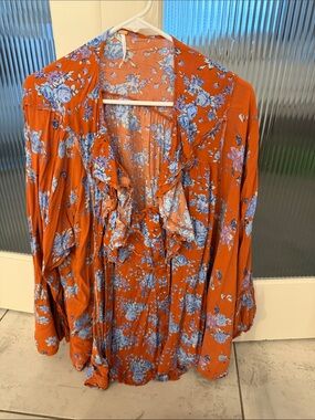 Free People Women's Orange Floral Ruffle Blouse